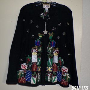 VINTAGE WOMEN'S LONG SLEEVE BLACK UGLY CHRISTMAS EMBROIDERED CARDIGAN SWEATER